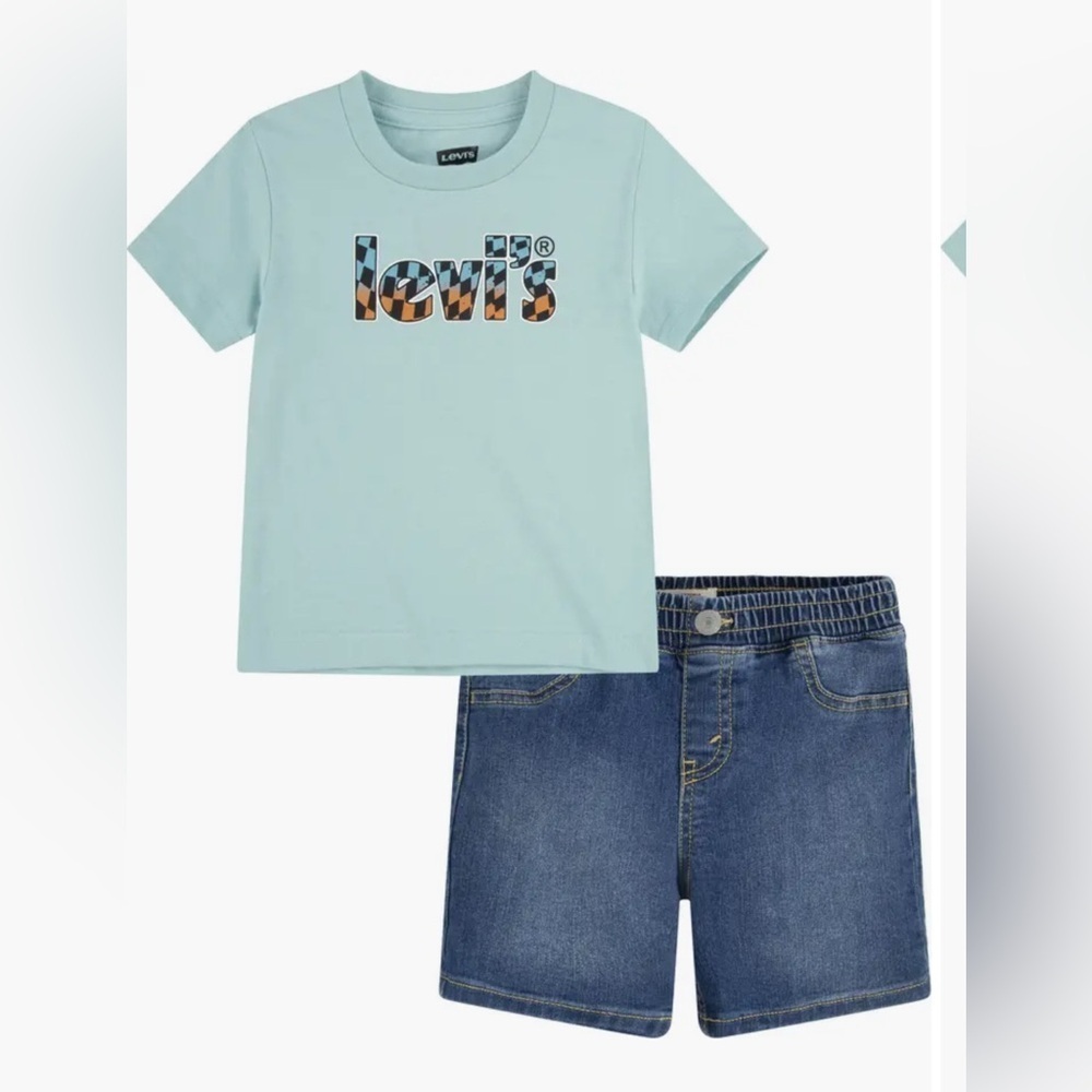 LEVI'S Boys Two Piece Set  T-Shirt Light Blue Denim Shorts Outfit Summer Sz 7